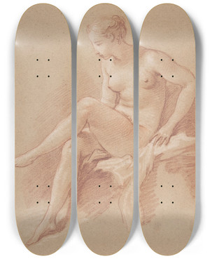 Triptych art skateboard deck of Franois Boucher Seated Female Nude by Francois Boucher (1703-1770)