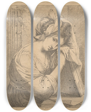 Triptych art skateboard deck of Angelica Kauffmann Young Woman In Contemplation by Angelica Kauffmann (1741-1807)