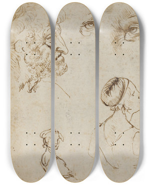 Triptych art skateboard deck of Leonardo Da Vinci Sheet Of Studies by Leonardo da Vinci (1452-1519)