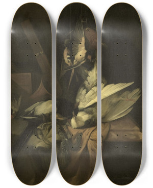 Triptych art skateboard deck of William Gouw Ferguson Still Life With Birds And Implements Of The Hunt by William Gouw Ferguson