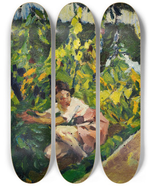 Triptych art skateboard deck of Leo Putz Toni Im Blumenbeet by Leo Putz (1869-1940)