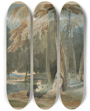 Triptych art skateboard deck of Francis Danby Three Women Seated By A Wooded Lake_1 by Francis Danby (1793-1861)