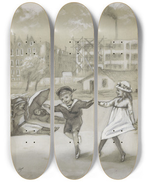 Triptych art skateboard deck of Felix Hess Dansende Jongen En Meisje In Een Stadspark Of Speeltuin by Felix Hess (1878-1943)