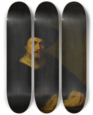 Triptych art skateboard deck of Follower Of Ferdinand Bol Portrait Of A Man With Hat by Follower of FERDINAND BOL (1616-1680)
