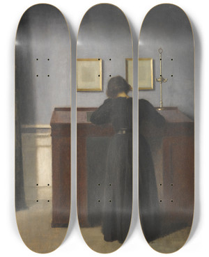 Triptych art skateboard deck of Vilhelm Hammershi Ida Standing At A Desk by Vilhelm Hammershoi (1864-1916)