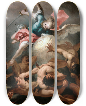 Triptych art skateboard deck of Sebastiano Ricci The Fall Of The Rebel Angels by Sebastiano Ricci (1659-1734)
