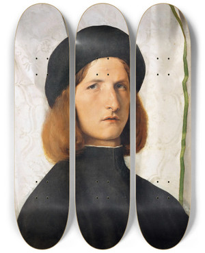 Triptych art skateboard deck of Lorenzo Lotto Portrait Of A Young Man With A Lamp by Lorenzo Lotto (1480-1556)