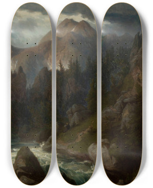 Triptych art skateboard deck of Alfred Schoupp Mount Pyszna In The Tatra Mountains by Alfred Schouppe (1812-1899)