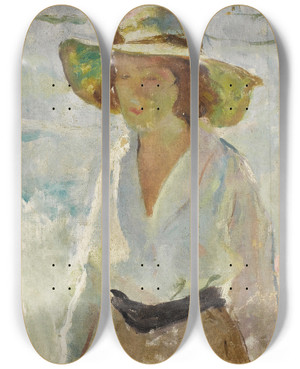 Triptych art skateboard deck of Charles Webster Hawthorne Untitled Woman With Hat by Charles Webster Hawthorne (1872-1930)