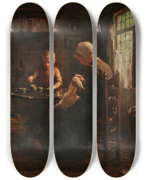 Triptych art skateboard deck of Evert Pieters Home Industry by Evert Pieters (1856-1932)