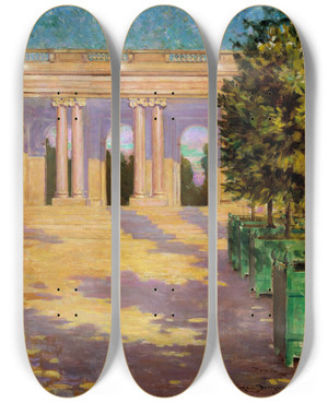 Triptych art skateboard deck of James Carroll Beckwith Arcade Of The Grand Trianon Versailles by James Carroll Beckwith (1852-1917)