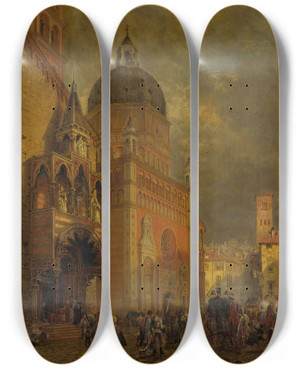 Triptych art skateboard deck of Edward Lamson Henry Village Square by Edward Lamson Henry (1841-1919)