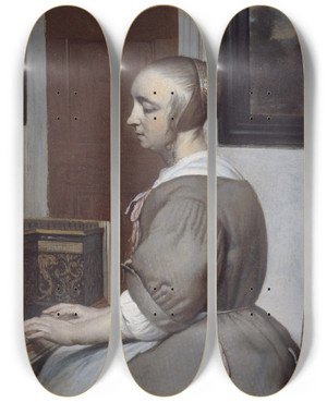 Triptych art skateboard deck of Gabriel Metsu Femme Au Virginal by Gabriel Metsu (1629-1667)