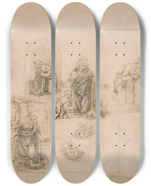 Triptych art skateboard deck of Leonardo Da Vinci Compositional Sketches For The Virgin Adoring The Christ Child With And Without The Infant St John The Baptist Diagram Of A Perspectival Projection by Leonardo da Vinci (1452-1519) Triptych art skateboard deck of Leonardo Da Vinci Compositional Sketches For The Virgin Adoring The Christ Child With And Without The Infant St John The Baptist Diagram Of A Perspectival Projection by Leonardo da Vinci (1452-1519)