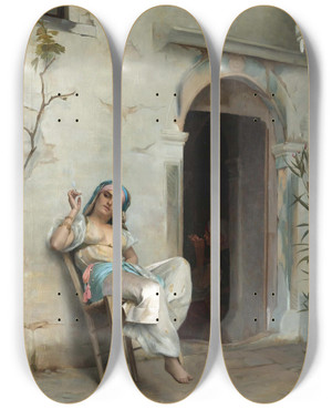 Triptych art skateboard deck of Theodoros Ralli Turkish Woman Smoking by Theodoros Ralli (1852-1909)
