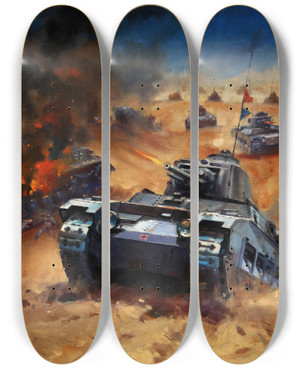 Triptych art skateboard deck of W Krogman Tank Battle by W Krogman (20-)