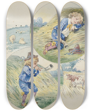Triptych art skateboard deck of Mcloughlin Bros Little Boy Blue by Mcloughlin Bros (1858-1920)