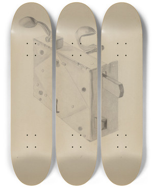 Triptych art skateboard deck of Donald Streeter Rim Lock For Door by Donald Streeter