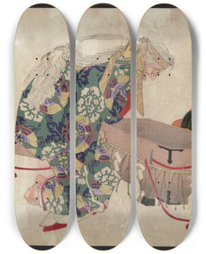 Triptych art skateboard deck of Tsukioka Yoshitoshi Watanabe No Tsuna To Ibaraki_1 by Tsukioka Yoshitoshi (1839-1892)