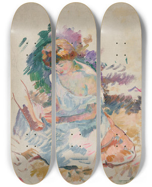 Triptych art skateboard deck of Henri Lebasque Femme Au Jardin by Henri Lebasque (1865-1937)