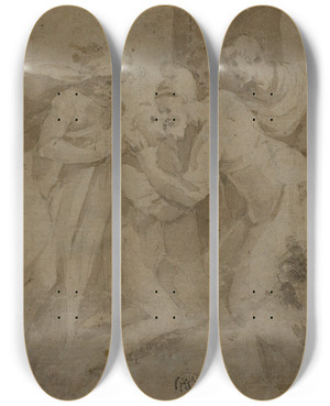 Triptych art skateboard deck of Andrea Schiavone Return Of The Prodigal Son by Andrea Schiavone (1500-1563)
