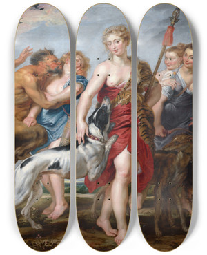 Triptych art skateboard deck of Peter Paul Rubens Diana And Her Nymphs Departing For The Hunt by Peter Paul Rubens (1577-1640)