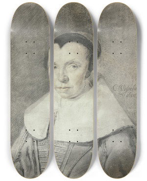 Triptych art skateboard deck of Cornelis Visscher Alte Frau Mit Schwarzer Haube Und Groem Weiem Kragen by Cornelis Visscher (1629-1658)