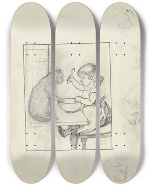 Triptych art skateboard deck of Otto Scholderer Kind Am Esstisch Mit Katze Rechts Vier Skizzen Eines Katzenkopfes Im Profil by Otto Scholderer (1834-1902)