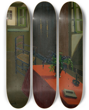 Triptych art skateboard deck of Marius Borgeaud Red Table With Wisteria by Marius Borgeaud (1861-1924)