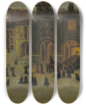 Triptych art skateboard deck of Daro De Regoyos Good Friday Morning In Ordua by Daro de Regoyos (1857-1913)