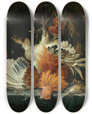 Triptych art skateboard deck of Abraham Mignon Still Life With Dead Poultry by Abraham Mignon (1640-1679)