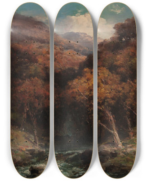 Triptych art skateboard deck of Andrew Melrose Forest Creek Bed by Andrew Melrose (1836-1901)