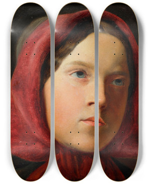 Triptych art skateboard deck of Johann Baptist Reiter Junge Frau Mit Rotem Kopftuch by Johann Baptist Reiter (1813-1890)
