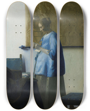 Triptych art skateboard deck of Johannes Vermeer Woman Reading A Letter by Johannes Vermeer (1632-1675)