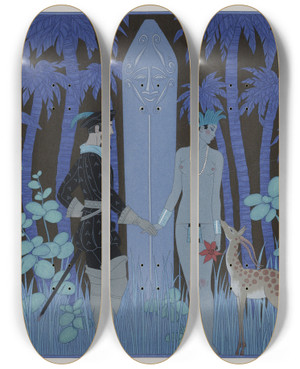 Triptych art skateboard deck of George Barbier Pocohontas Meeting John Smith by George Barbier (1882-1932)