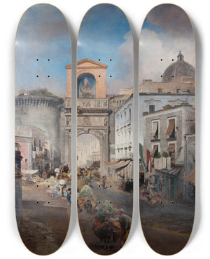 Triptych art skateboard deck of Oswald Achenbach Going To Market by Oswald Achenbach (1827-1905)