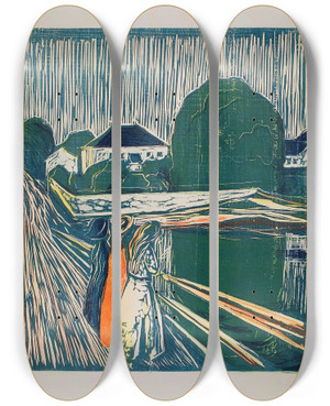 Triptych art skateboard deck of Edvard Munch The Girls On The Bridge_1 by Edvard Munch (1863-1944)