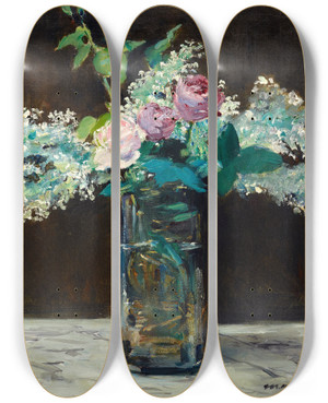 Triptych art skateboard deck of Douard Manet Vase Of White Lilacs And Roses by douard Manet (1832-1883)
