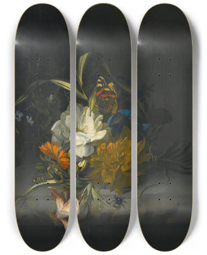 Triptych art skateboard deck of Rachel Ruysch Still Life With Marigolds Morning Glory A Passion Flower And Other Assorted Flowers Together With Insects On A Stone Ledge by Rachel Ruysch (1664-1750)