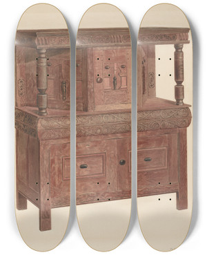 Triptych art skateboard deck of Leo Drozdoff Court Cupboard by Leo Drozdoff
