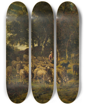 Triptych art skateboard deck of Charles Emile Jacque Shepherdess And Her Flock by Charles Emile Jacque (1813-1894)
