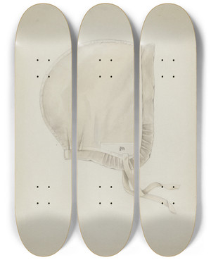 Triptych art skateboard deck of Betty Fuerst Shaker Infirmary Cap by Betty Fuerst