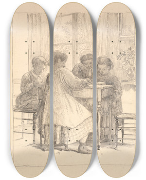 Triptych art skateboard deck of Wilhelm Marstrand Lektielsning by Wilhelm Marstrand (1810-1873)