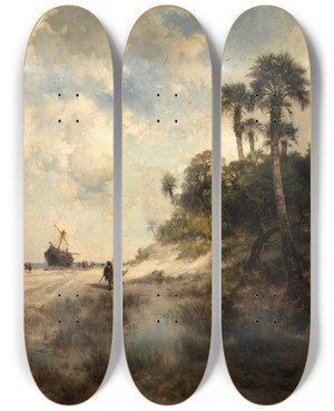 Triptych art skateboard deck of Thomas Moran Fort George Island Florida by Thomas Moran (1837-1926)