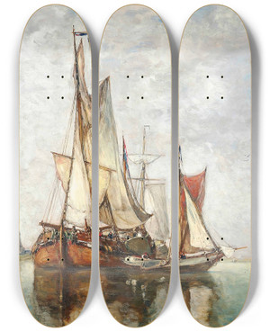 Triptych art skateboard deck of Paul Jean Clays Barges Moored Before A Windmill by Paul Jean Clays (1817-1900)
