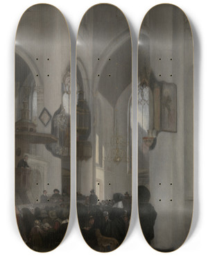 Triptych art skateboard deck of Emanuel De Witte Interior Of A Gothic Church by Emanuel de Witte (1617-1692)