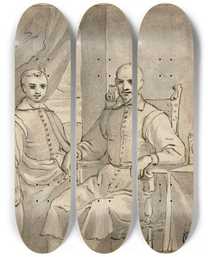 Triptych art skateboard deck of Bernardo Castello Portrait Of A Seated Ecclesiastic And A Standing Boy by Bernardo Castello (1557-1629)