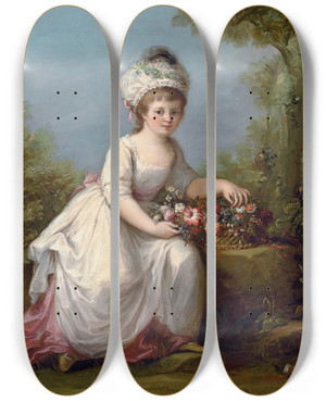 Triptych art skateboard deck of Angelica Kauffmann Portrait Of A Young Girl Fulllength Seated In A White Dress With A Basket Of Flowers In A Landscape by Angelica Kauffmann (1741-1807)