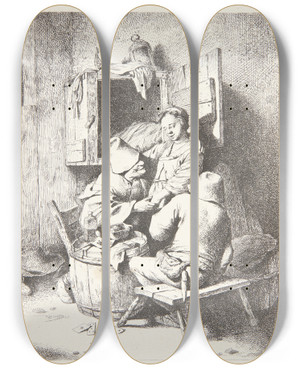 Triptych art skateboard deck of Cornelis Pietersz Bega Ung Vrtinde Og To Siddende Mnd I En Krostue by Cornelis Pietersz Bega (1631-1664)