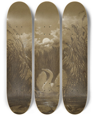 Triptych art skateboard deck of Carl Gustav Carus A Swan Among The Reeds By Moonlight by Carl Gustav Carus (1789-1869)